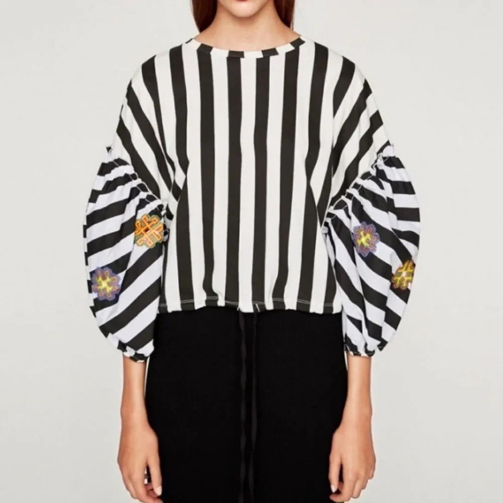 ZARA | Black & White Striped Blouse Balloon Sleeves with Flowers Women’s Size S